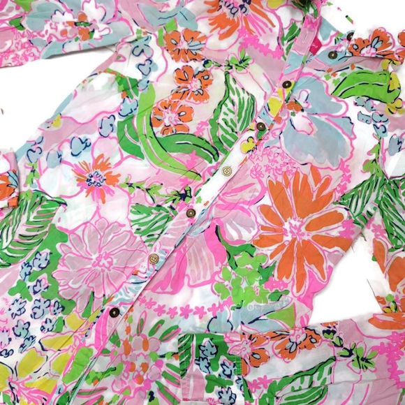 Lilly pulitzer nosey posey neon floral button up shirt size xs 100% cotton. - Picture 8 of 9